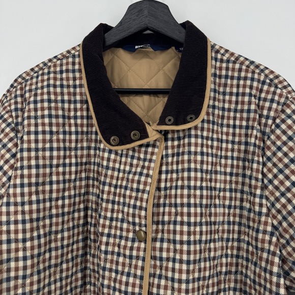 Lands End Womens 1X Quilted Plaid Snap Front Jacket Corduroy Collar Tan Brown - Picture 2 of 9